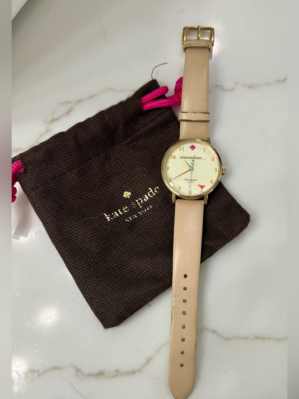 Kate Spade Metro “5 O’Clock Somewhere” Watch Gold Tone Beige Leather New Battery